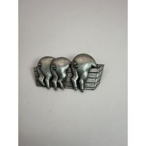 Vintage JJ Pewter Tone Three Pigs in Trough Brooch – Whimsical Figural Pin
